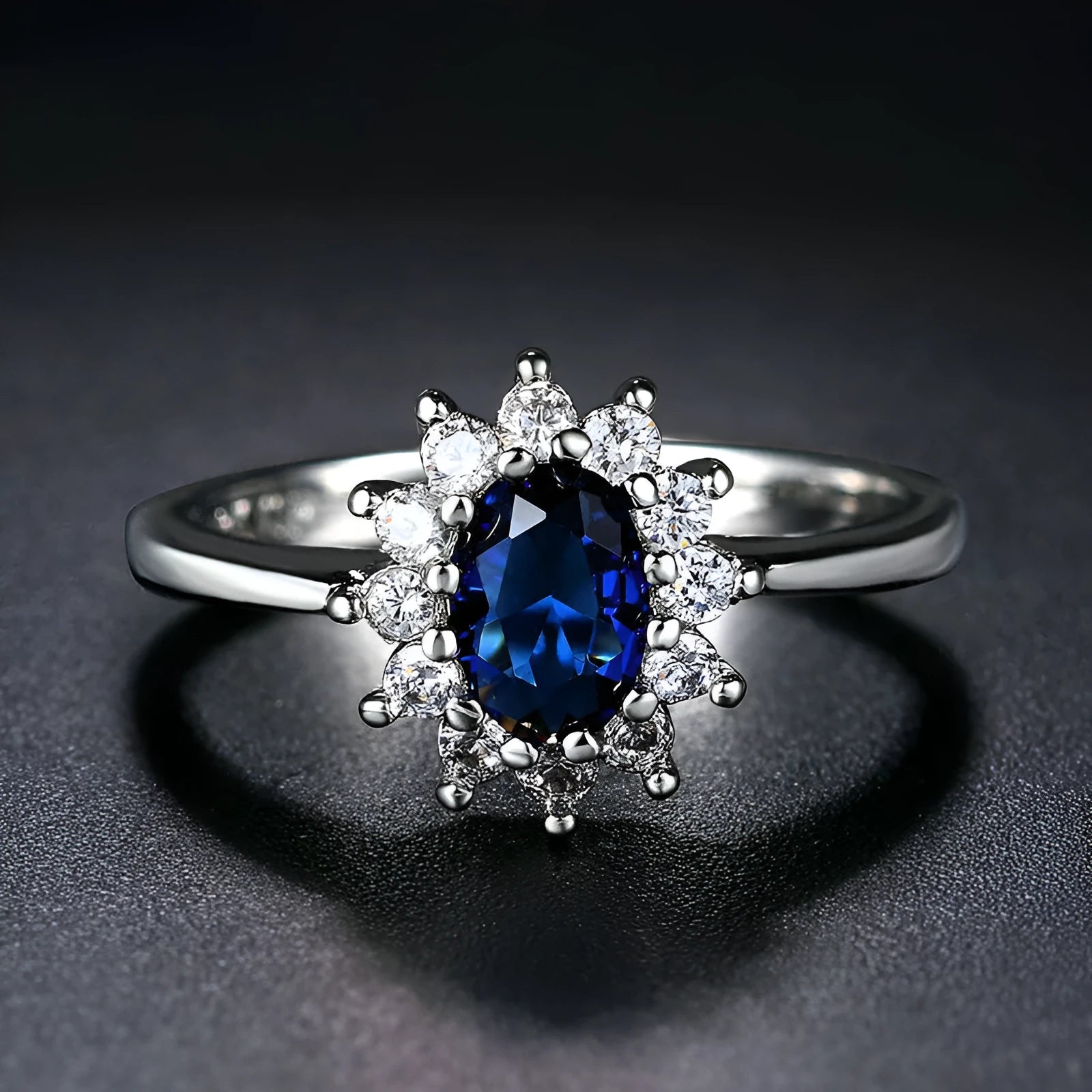 Blue moissanite women's ring with electroplated copper floral design and inlaid zirconium details