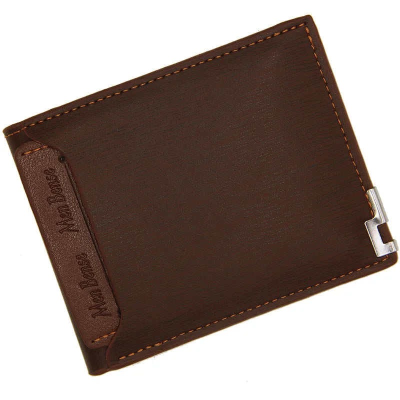 Men's black PU leather short wallet showing iron-edge card-picking design
