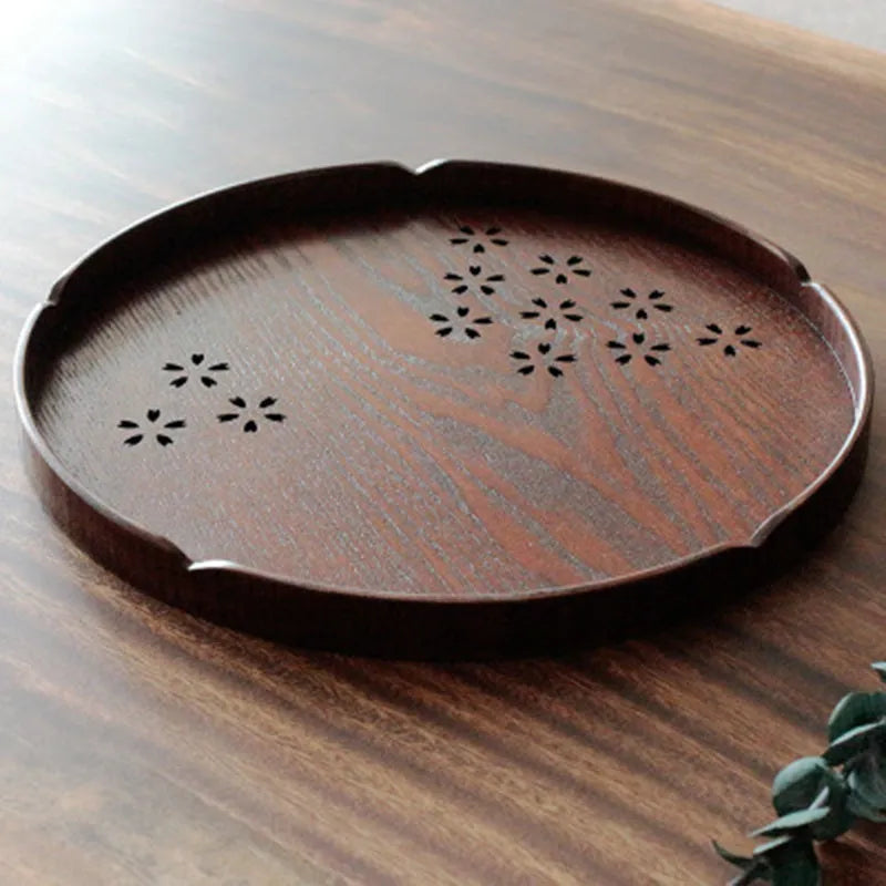 Wooden Japanese dessert plate with hollow cherry blossom design, 30cm diameter shallow fruit serving tray