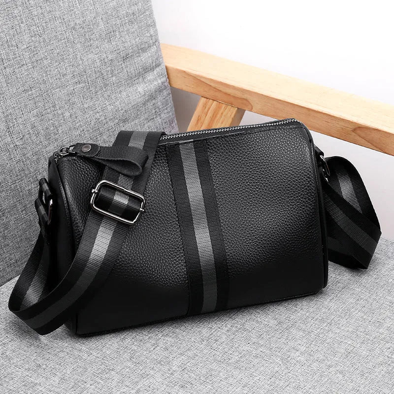 Black genuine leather one-shoulder crossbody bag with 24x16x13cm dimensions
