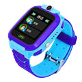 Blue children's waterproof smartwatch with a colour touch screen and silicone strap on a wrist.