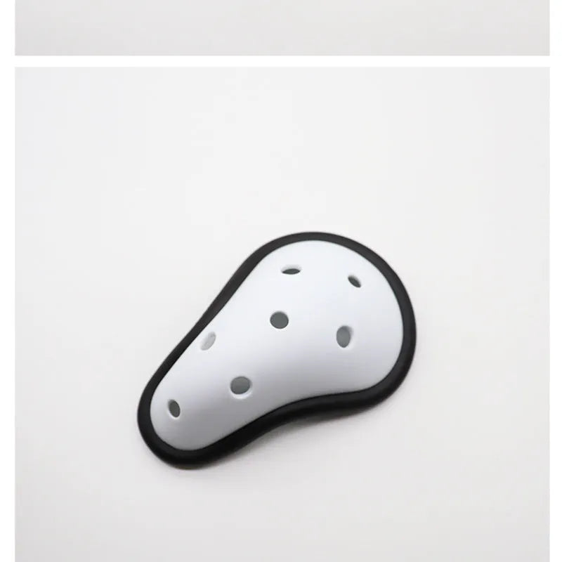 Rubber sports genital protector groin guard for adult and child sizes, used in boxing rugby hockey and martial arts.
