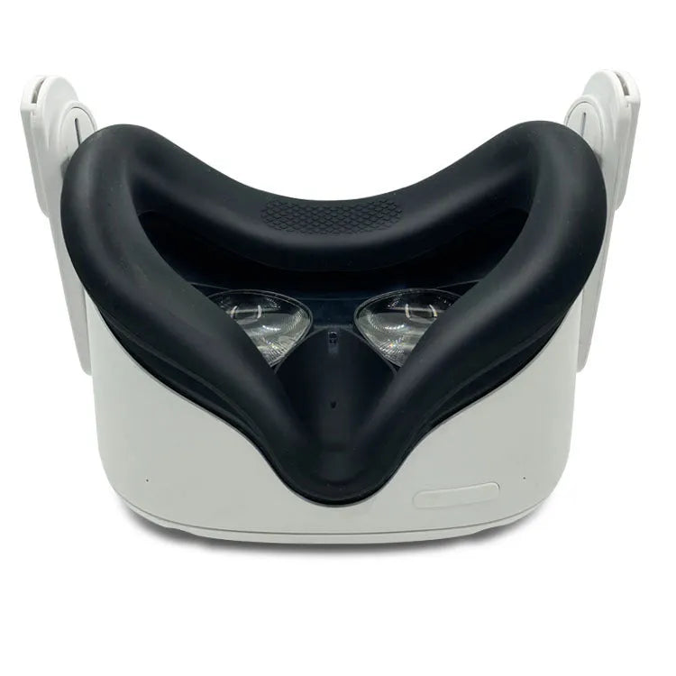 Black silicone VR headset accessories kit with glasses cover, eye mask, and controller grips.