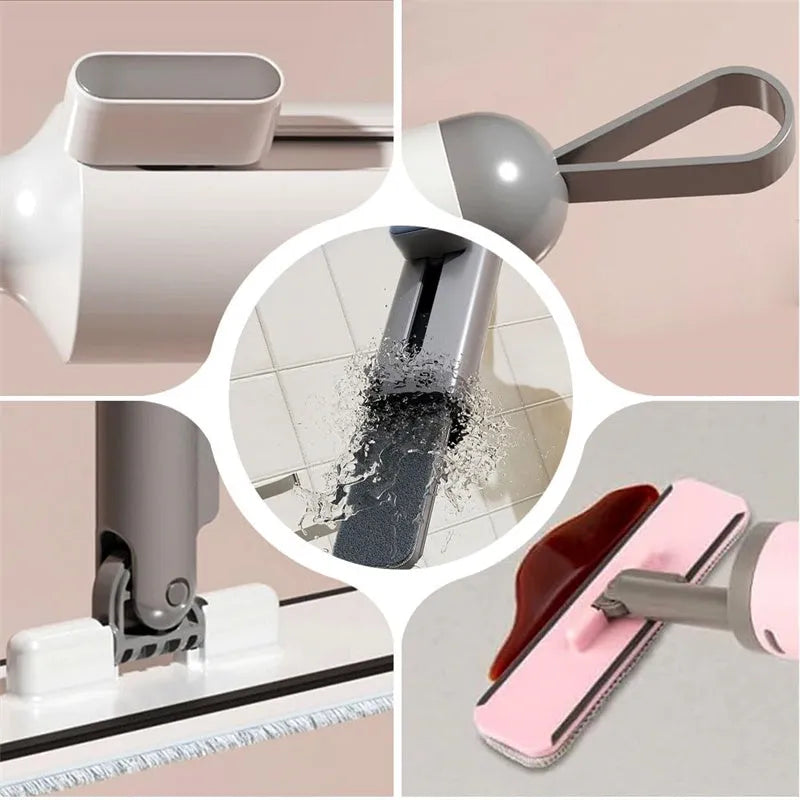 Pink rotatable self-squeeze mini flat mop with microfiber pad, shown extended to its full length.
