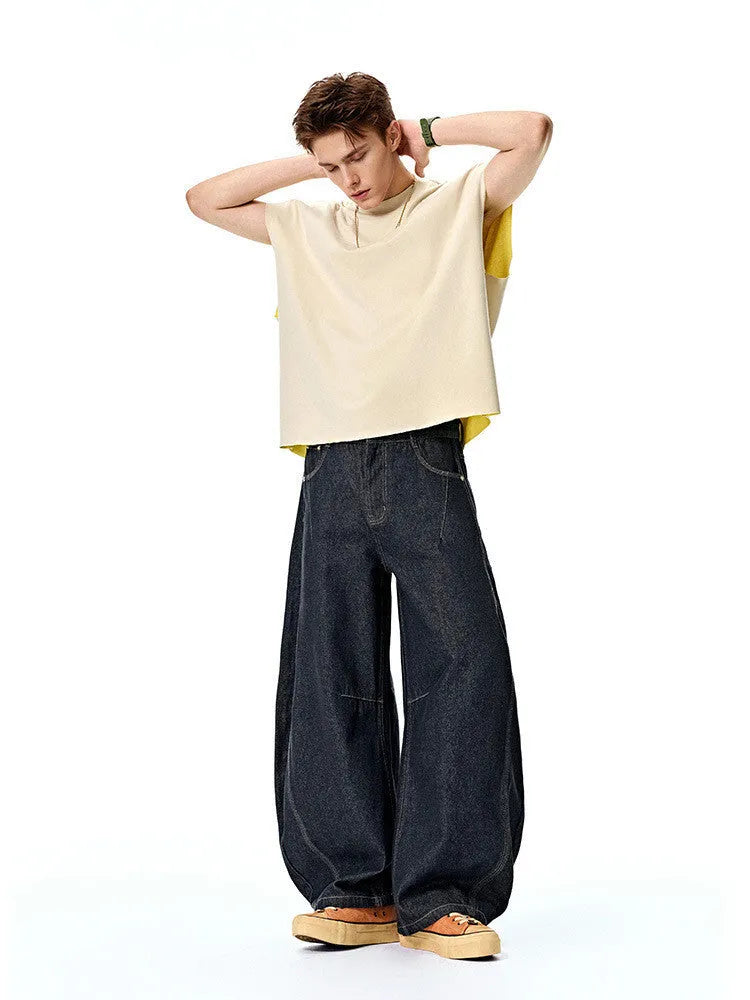 Men's wide leg denim trousers in original cow colour on a mid waist