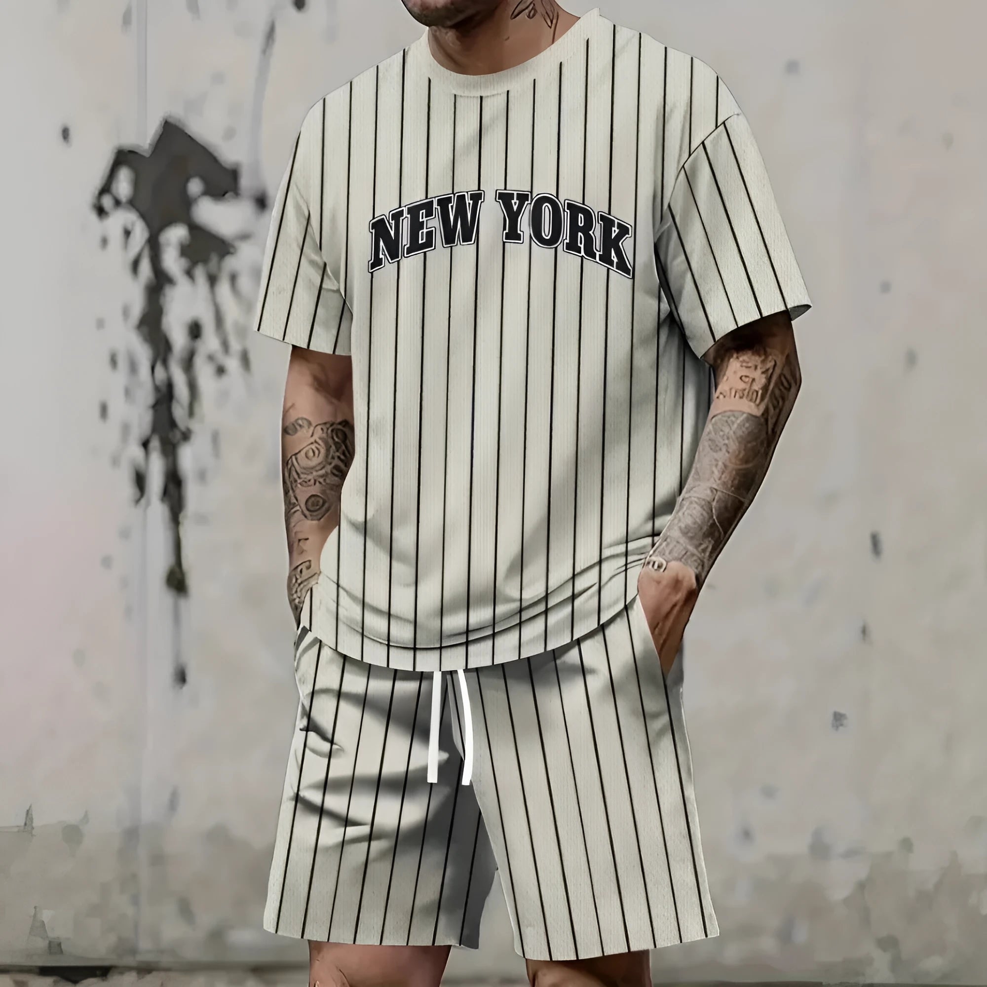 Men's grey 3D printed letter short sleeve top and matching shorts sportswear set laid flat.