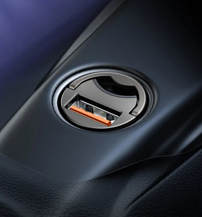 Electro‑optical grey Baseus 30W PPS fast car charger with 1‑metre USB cable.