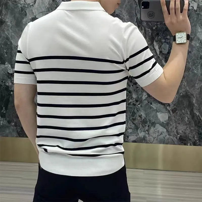 Black and white striped lapel pullover T-shirt laid flat, non-ironing polyester blend fabric.