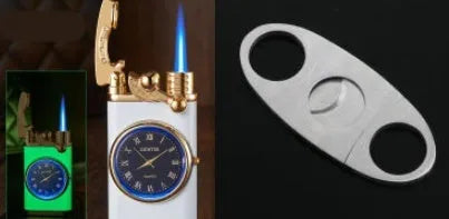 Men's watch-style lighter with digital dial showing time and adjustable blue flame emerging from top.