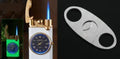 Men's watch-style lighter with digital dial showing time and adjustable blue flame emerging from top.