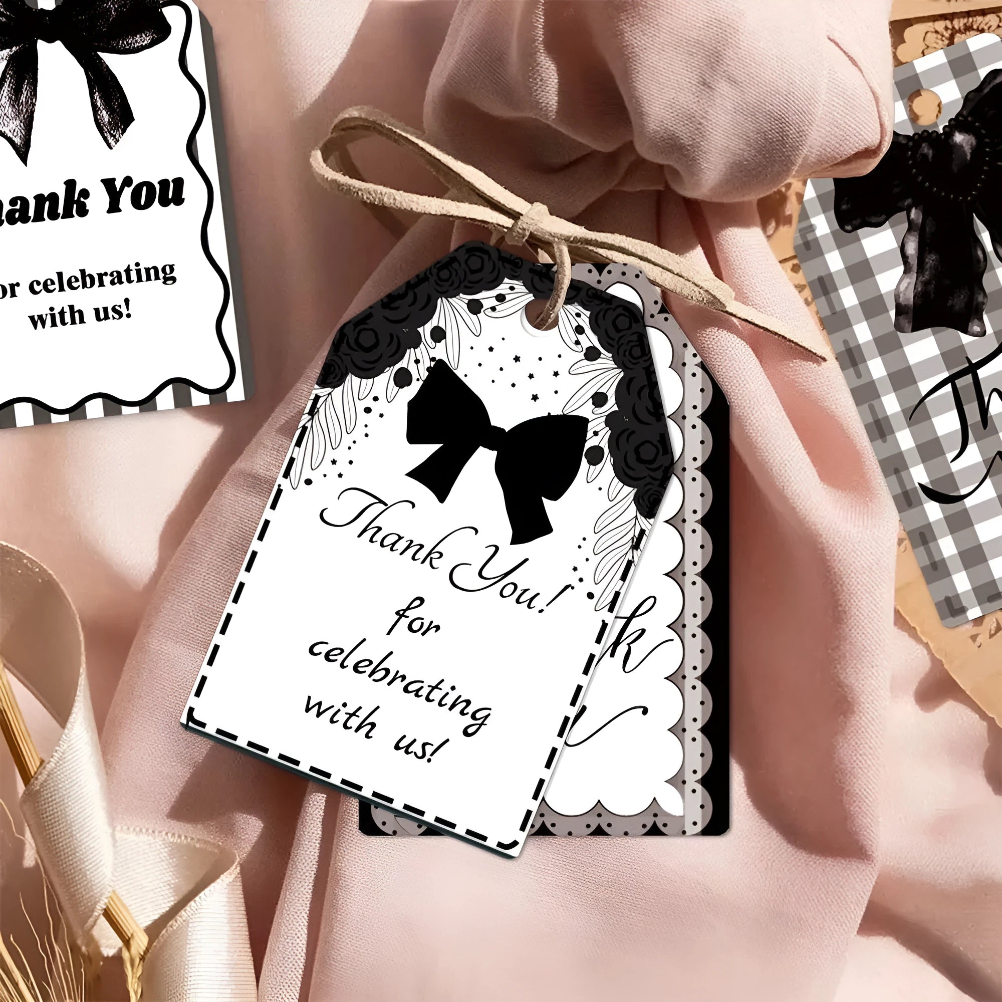 Three styles of bowknot-themed paper gift tags with natural hemp rope for birthday parties