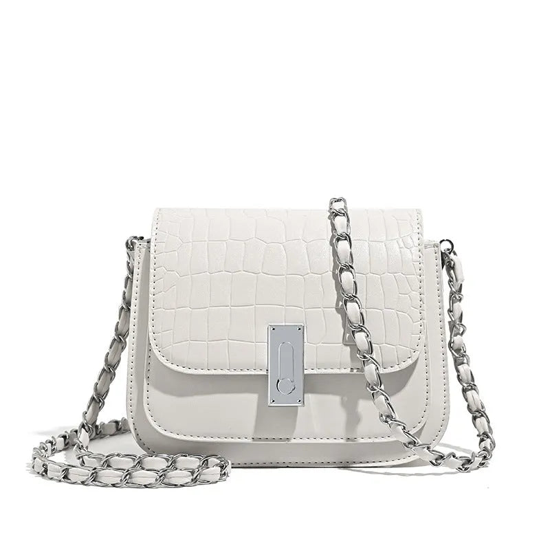 Women's soft black PU leather chain shoulder bag with a square shape and sandwich pocket.