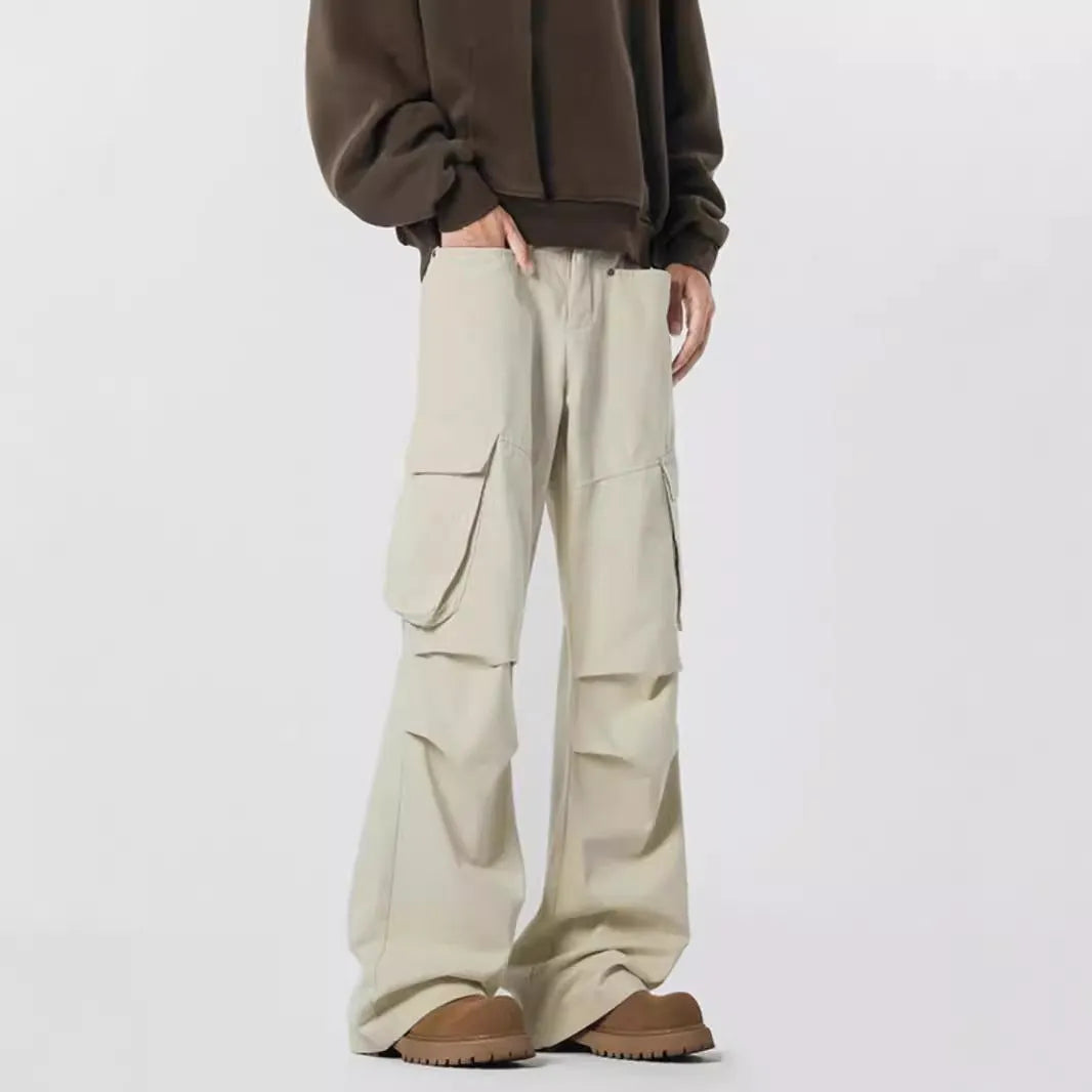 Men's black retro high-waist straight-leg casual trousers on a neutral background