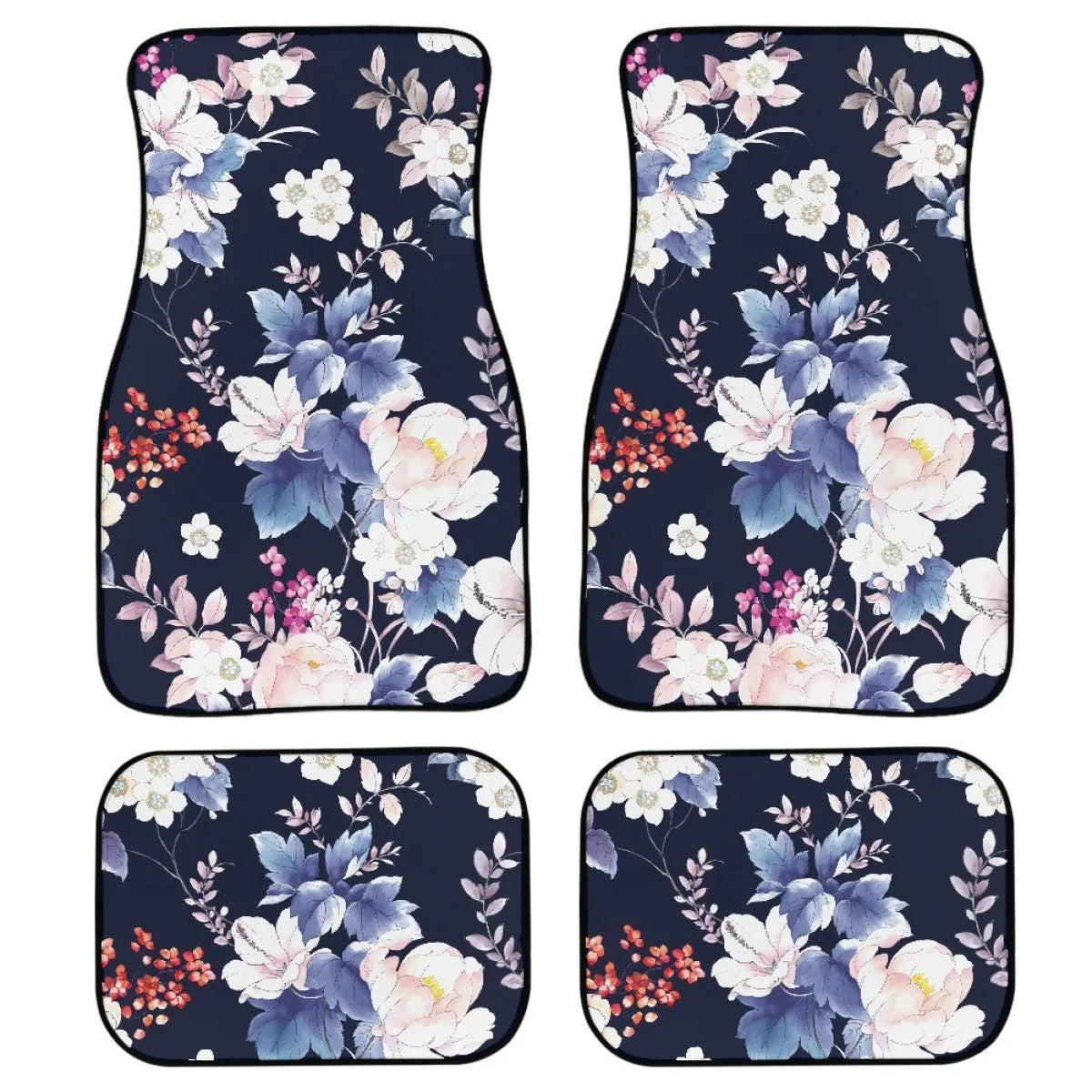 Black four-piece rubber car foot mat set with textured surface, shown on a car floor.