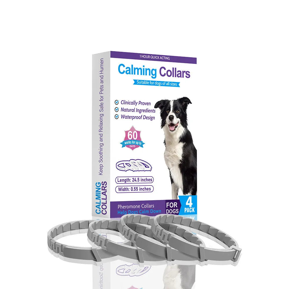 Pack of four soft TPR dog anxiety relief collars in various colours, showing the monochrome Chinese style pattern.