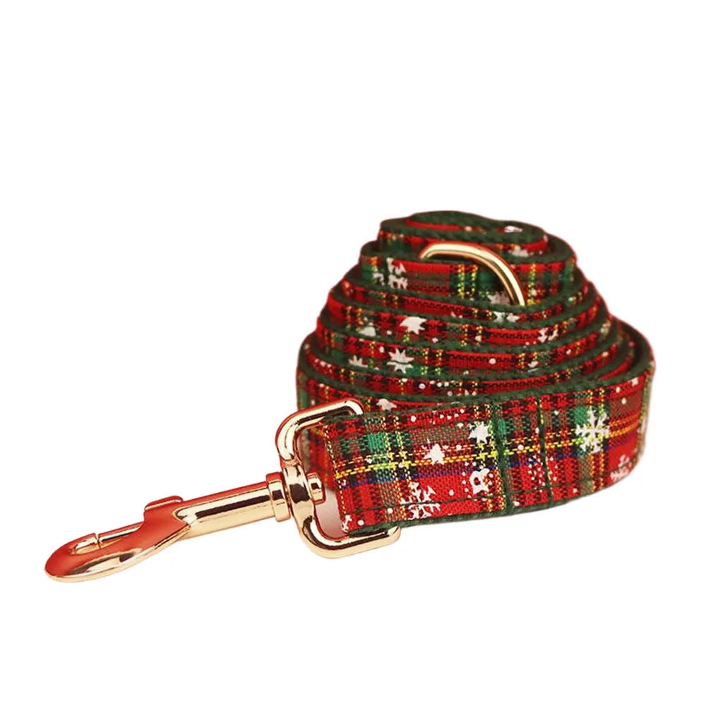 Green snowflake Christmas pet collar four-piece set with matching dog leash, vest and bow tie