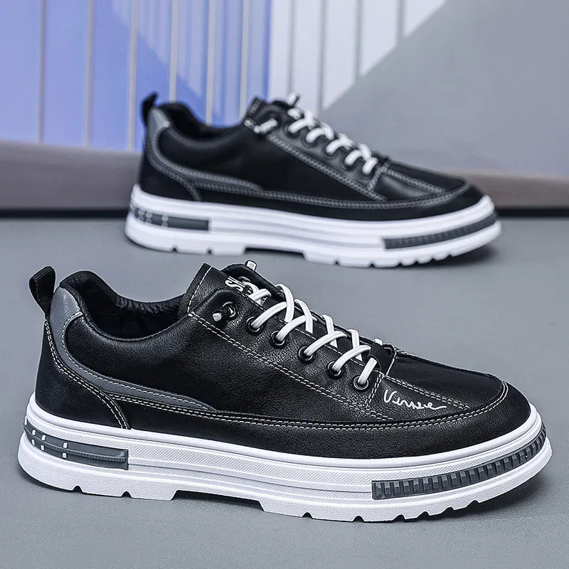 Men's white and black Korean style low-top platform sneakers with elastic band and round toe.