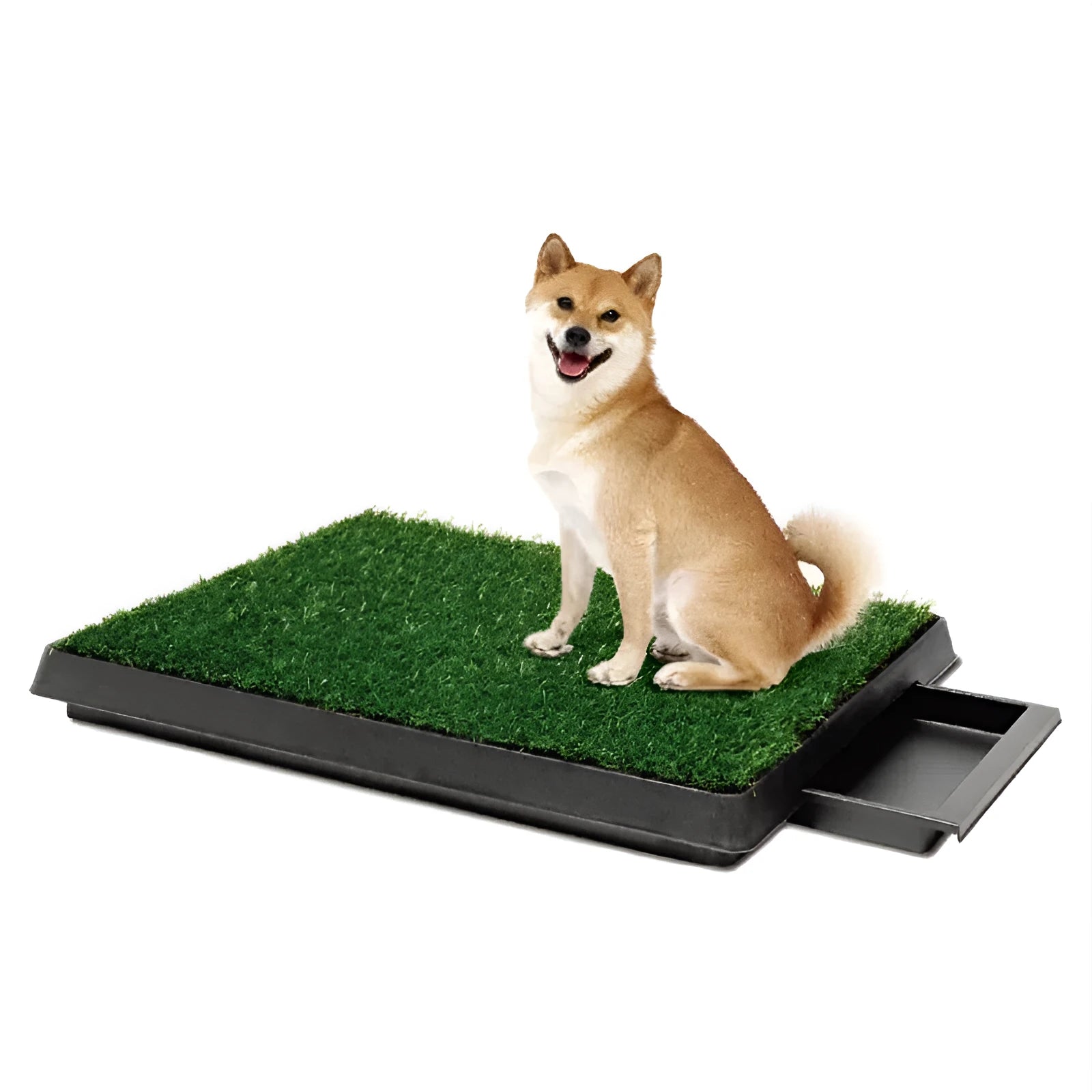 Flushing pet lawn toilet for dogs and cats with artificial turf and tray, 64x51x6.4cm, PE and PP construction