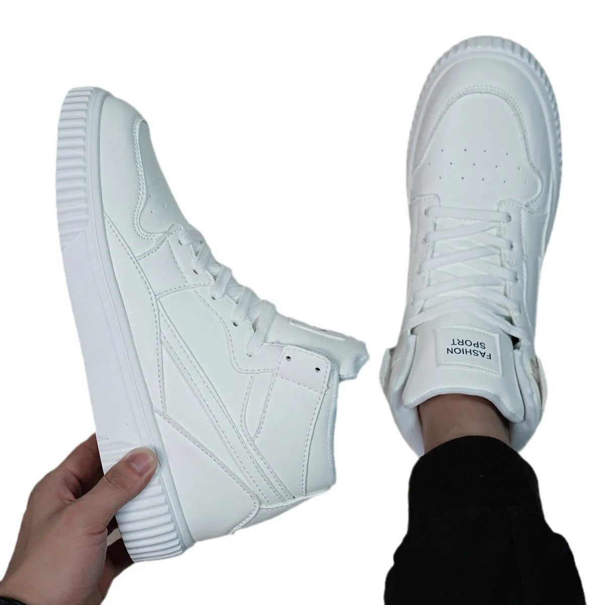 Men's white microfiber casual shoes with round toe design for autumn winter wear