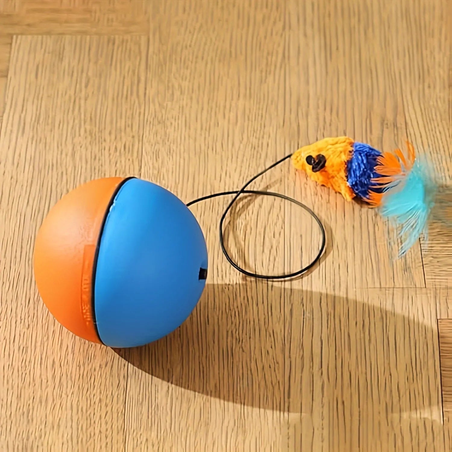 Blue and orange interactive cat toy with ball and separate plush mouse components