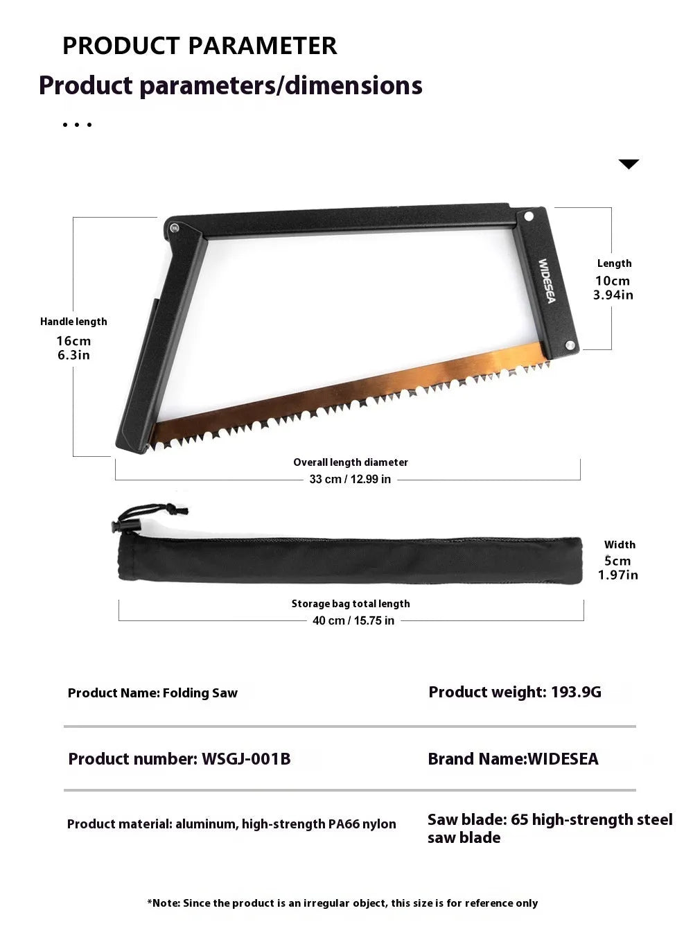 Black foldable outdoor survival saw with aluminium alloy frame and nylon handle.