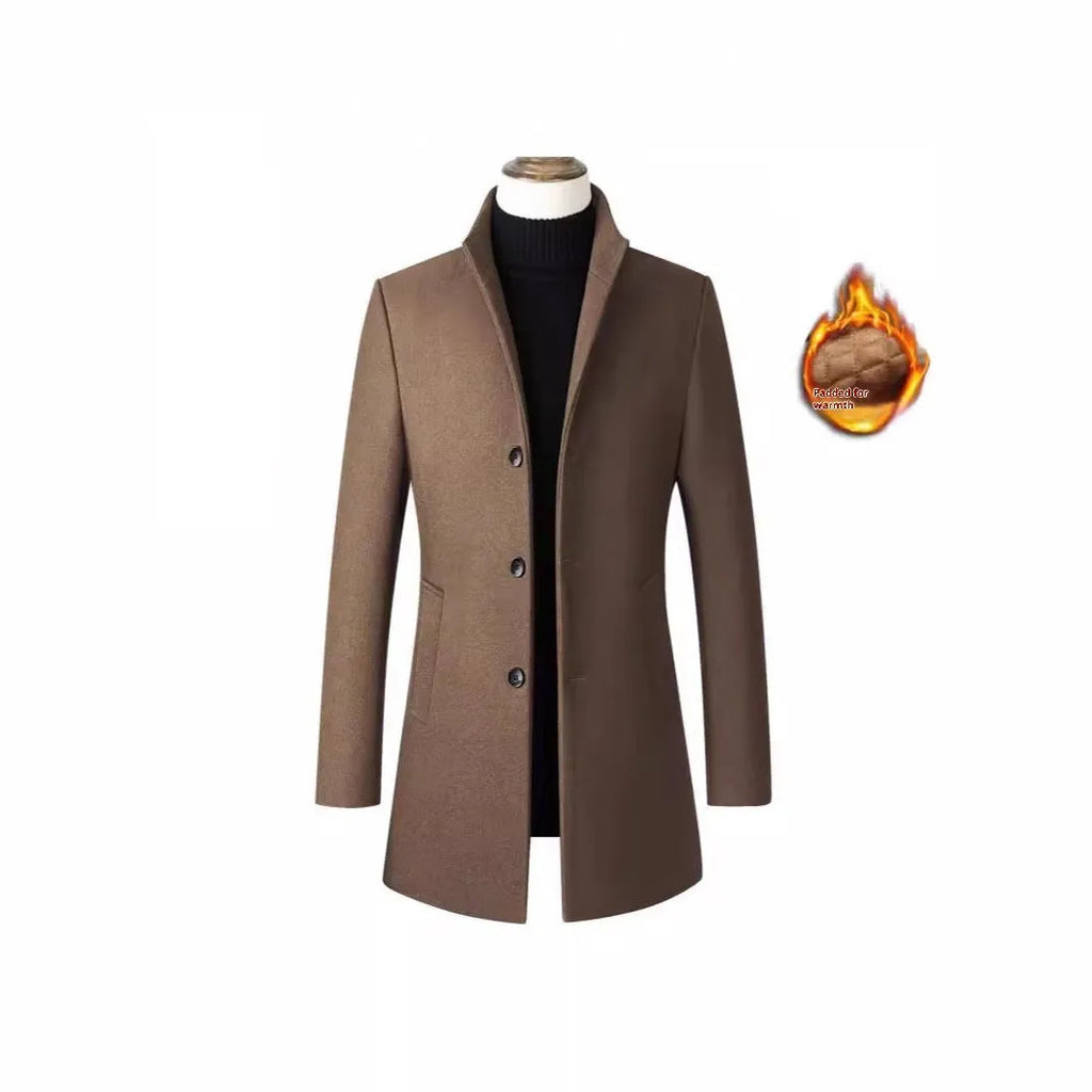 Men's single-breasted stand collar wool blend padded winter coat in solid colour, side seam pockets, S to 3XL sizes