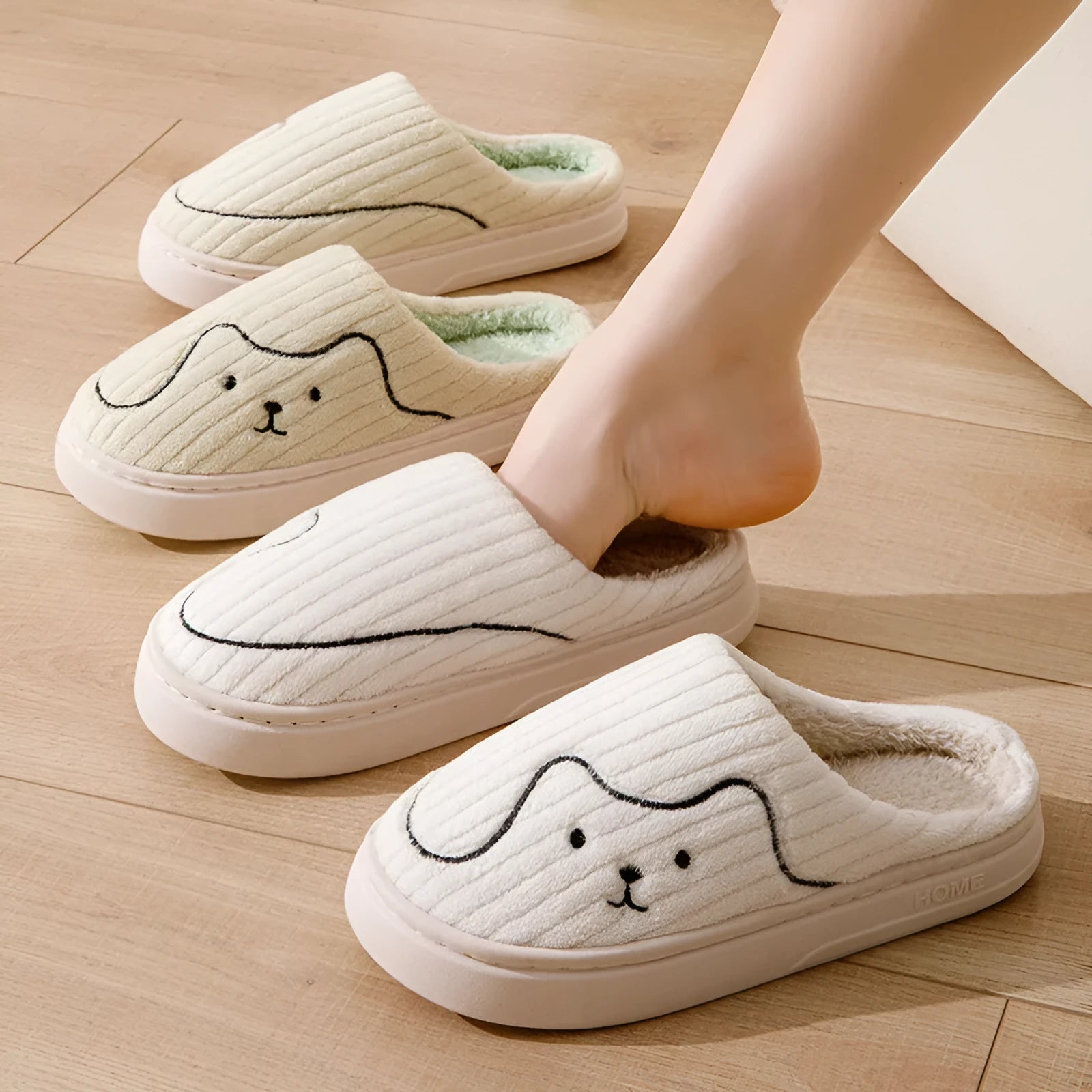 Striped cat slippers plush upper rubber sole non-slip indoor house shoes