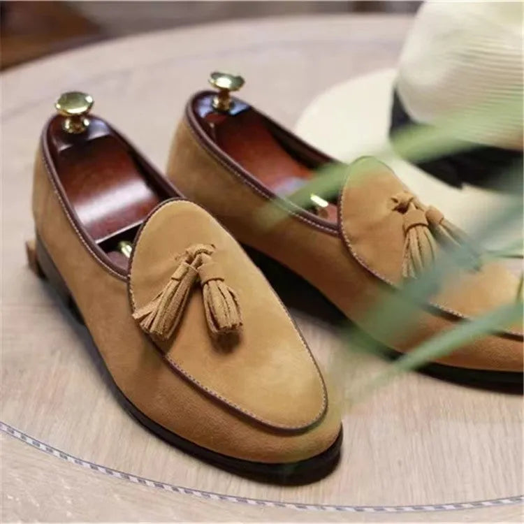 Men's fashion retro British tassel slip-on shoes with artificial PU upper in black, blue, brown, dark gray, sizes 38 to 48