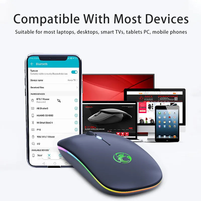 Black and white dual-mode wireless silent mouse with luminous charging scroll wheel.