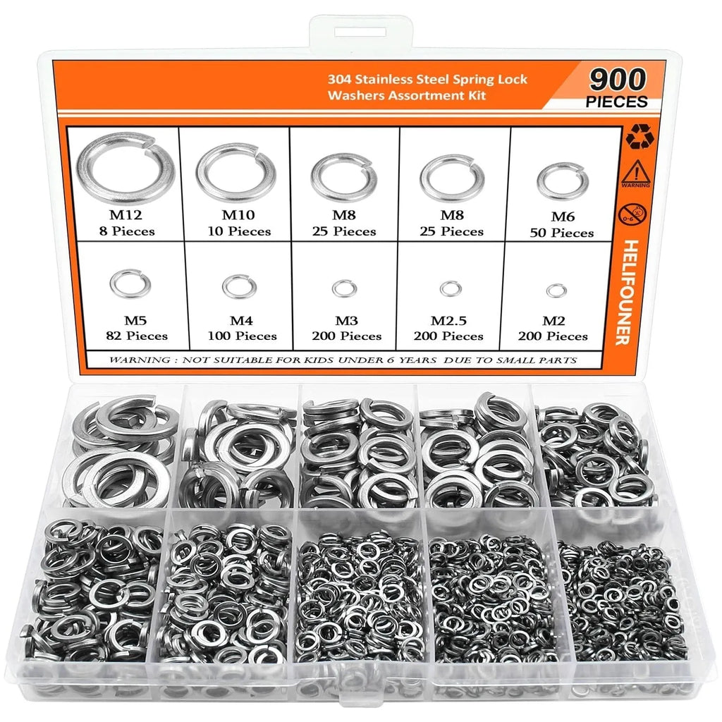 Open box showing assortment of 304 stainless steel spring lock washers in various sizes on a white background.