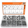 Open box showing assortment of 304 stainless steel spring lock washers in various sizes on a white background.