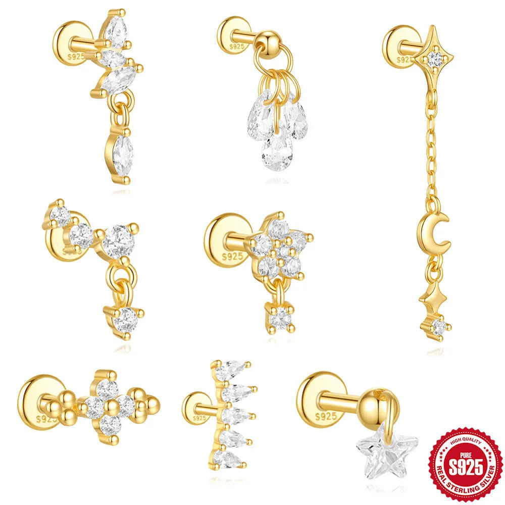 S925 sterling silver geometric earrings with a moon and embedded diamond star design in a gold-toned finish.
