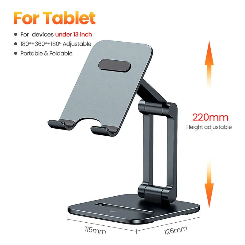 Deep space grey aluminium folding stand holding a tablet and a mobile phone.