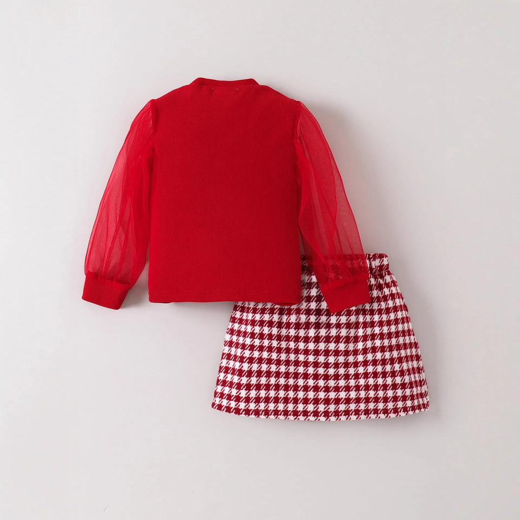 Two-piece red cotton children's outfit with long sleeve top and long skirt suitable for height 4Y to 7Y