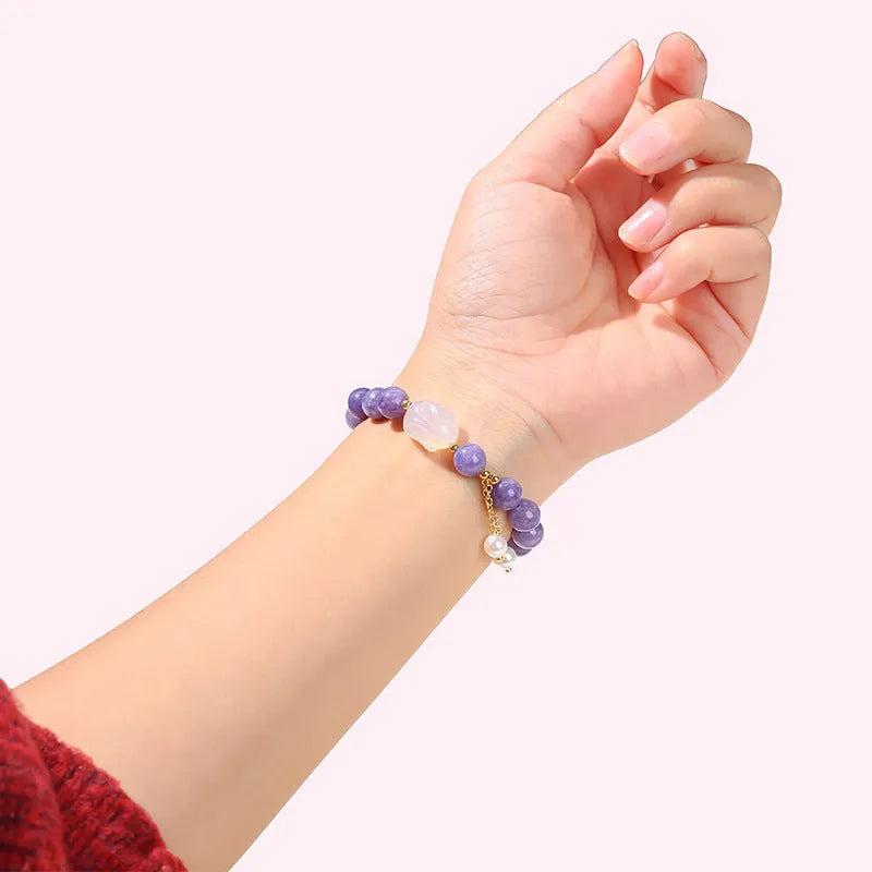 Purple aquamarine and agate rabbit bracelet with geometric beads for women