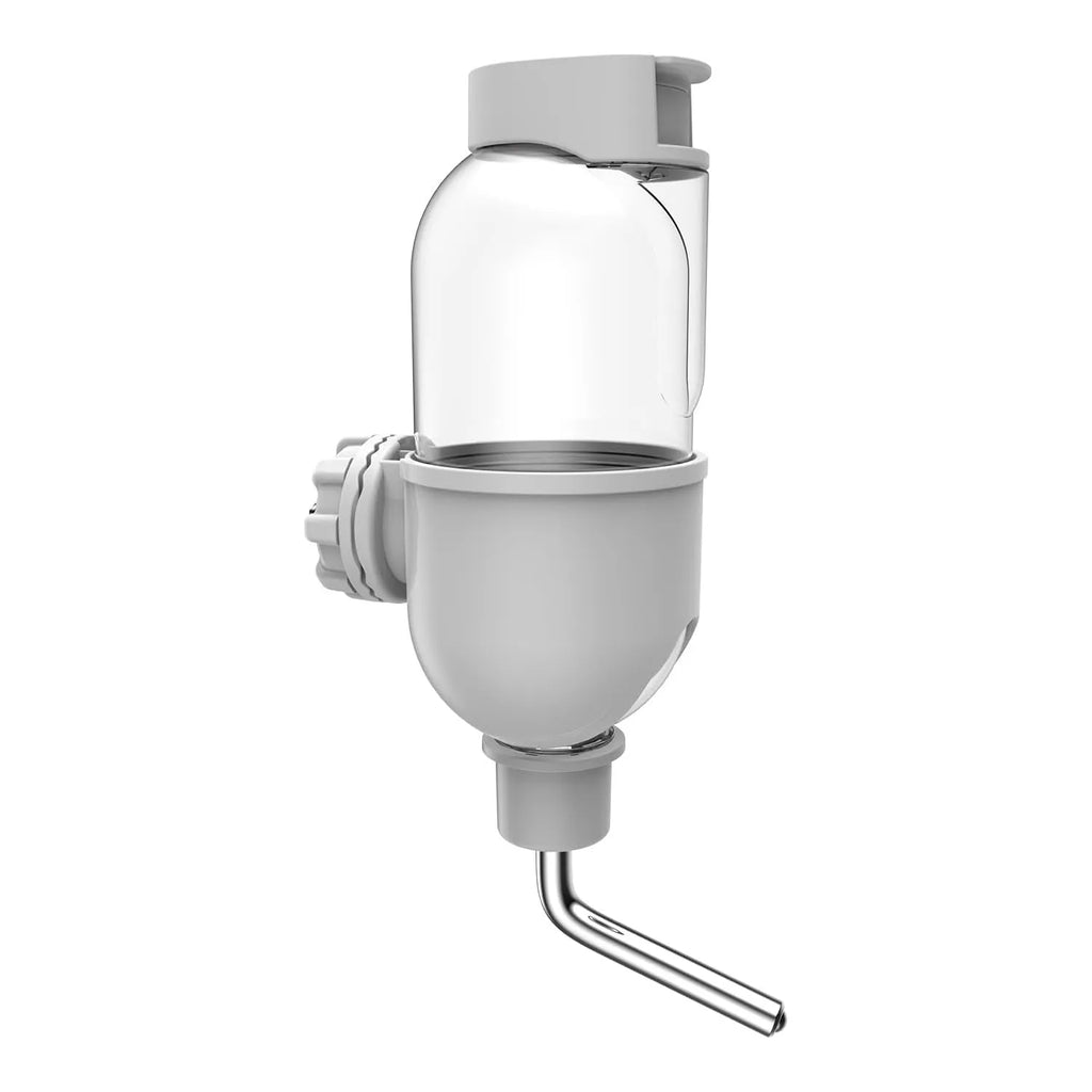 Blue small animal water bottle with rotatable nozzle and stainless steel ball valve for cage mounting.