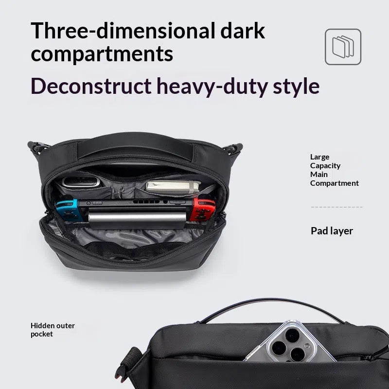 Large capacity black PU men's shoulder bag with solid colour and urban simplicity style