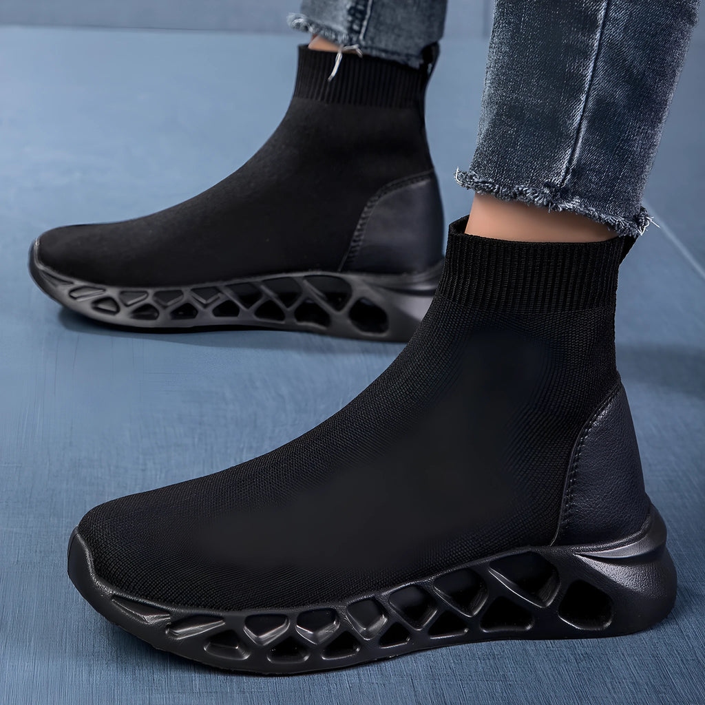 Women's black breathable mesh high-top casual sock boots with flat MD sole on a white background.
