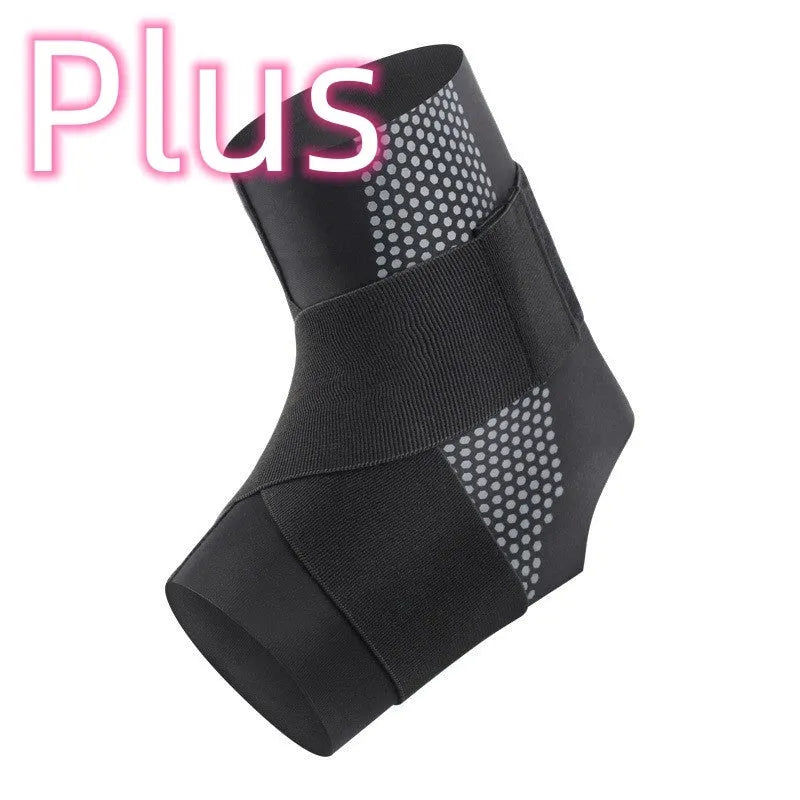 Black Lycra ankle support brace shown on adult foot for sports protection