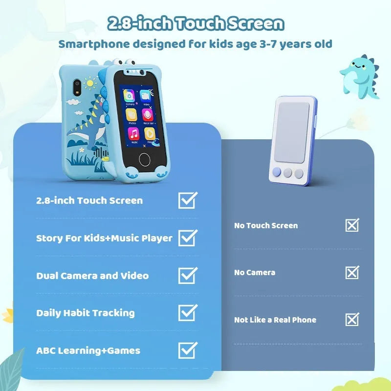 Blue and green silicone-case educational handheld camera for children with touchscreen gaming and photography functions