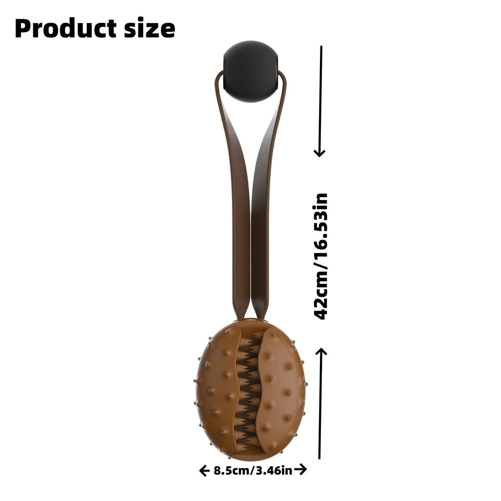 Brown coffee bean-shaped dog chew toy with textured TPR surface and white rope knots.