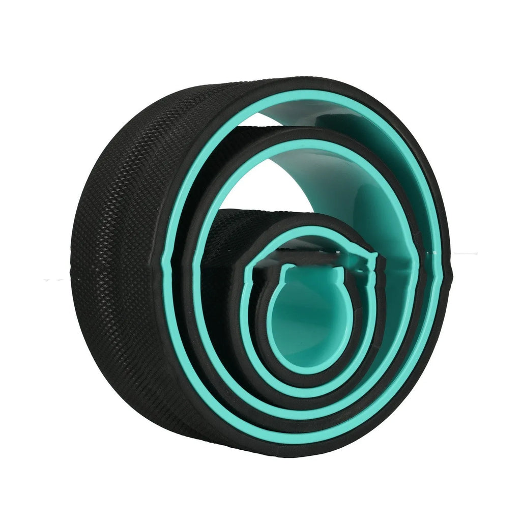 Yoga wheel four-piece set in black with green tube sponge construction and holder