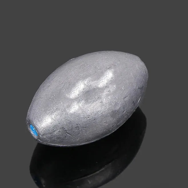 Tongxin Sinker olive pendant fishing weight with rugby shape and scale texture, weights from 10g to 150g.