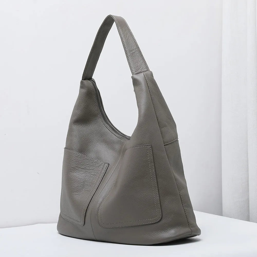 Large capacity soft first layer cowhide genuine leather bucket bag with zip pockets in black, coffee, khaki grey or dark blue