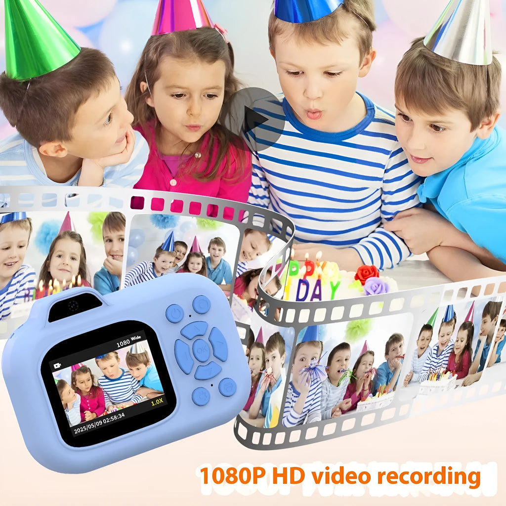 Children's digital toy camera in pink, blue, or purple colour with video recording and game functions.
