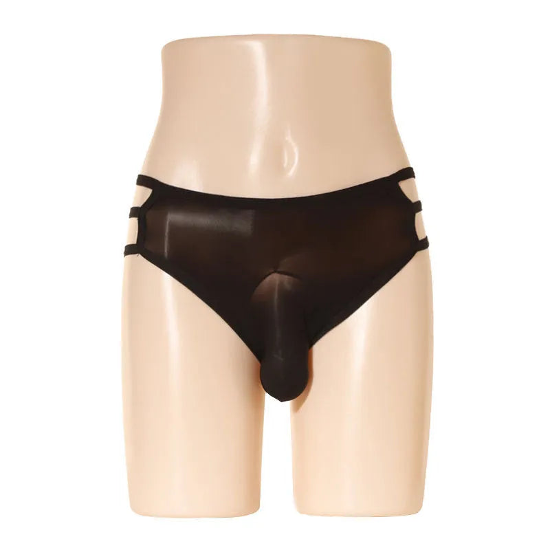 Men's transparent elephant nose shorts in nylon fabric showing free size fit and mid waist design