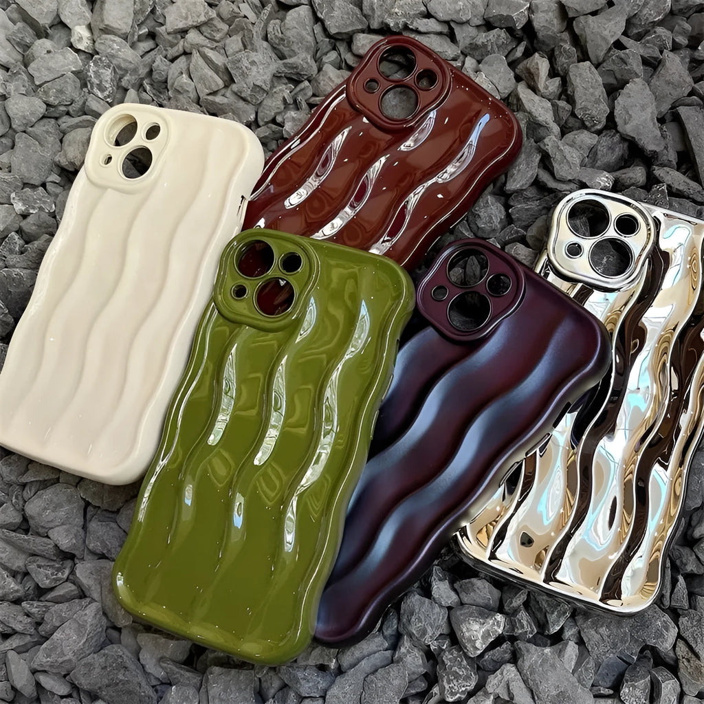 Solid-colour silicone iPhone case with a water ripple texture on the back.