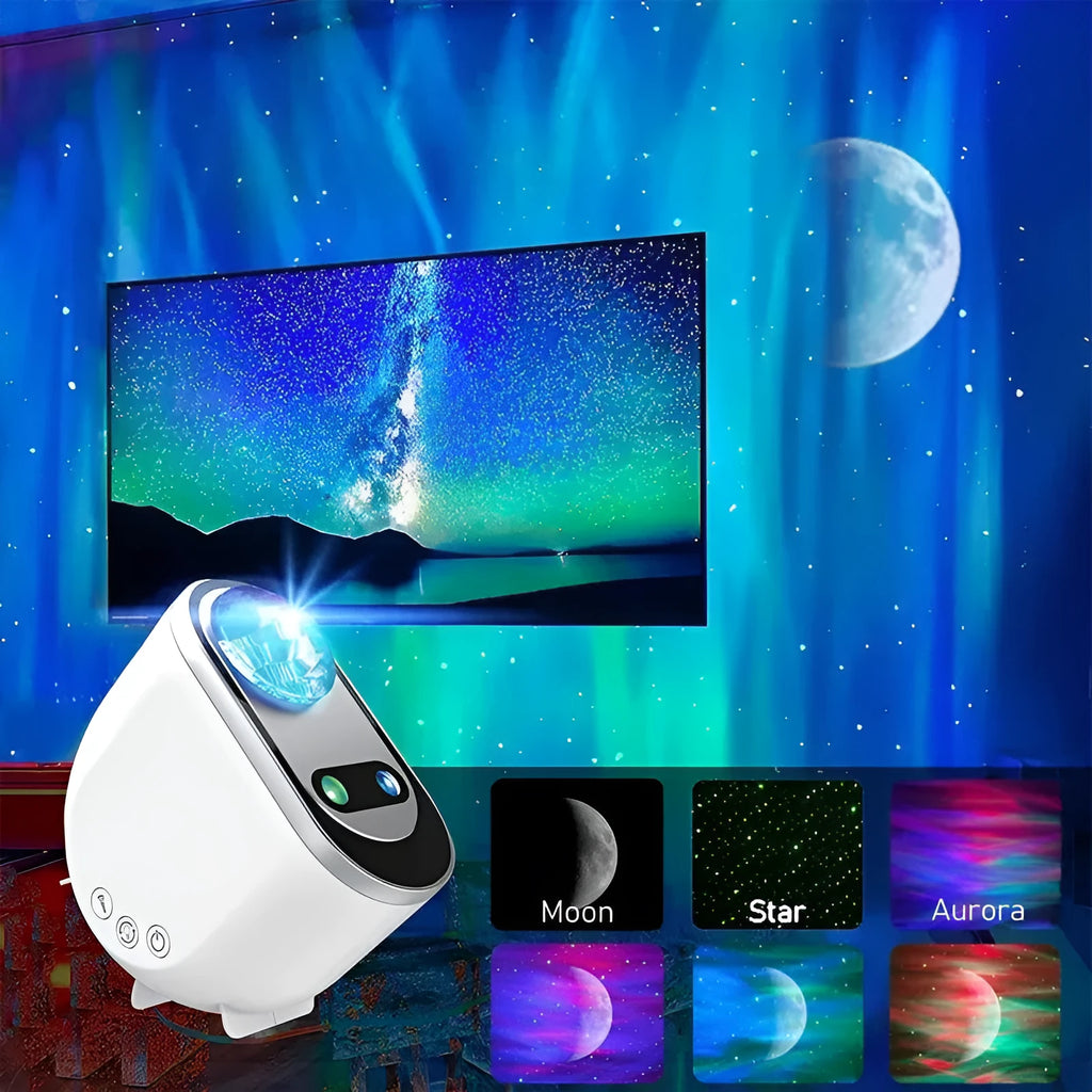 White ABS galaxy star projector lamp with remote control projecting Northern Lights aurora and stars on a dark wall