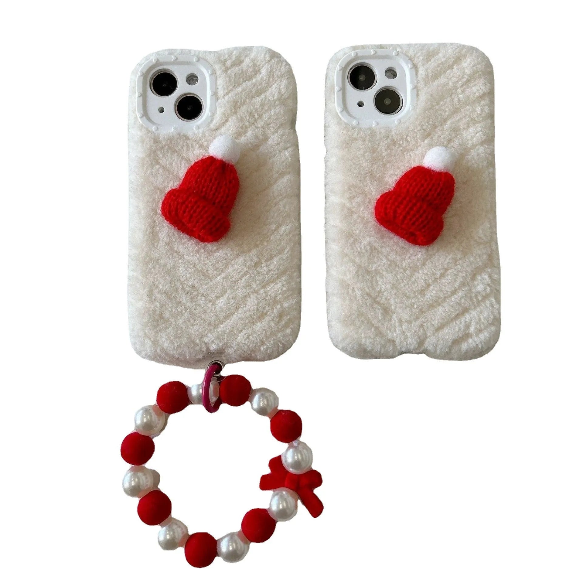 Red silicone phone case with plush Christmas hat bracelet for iPhone on white background