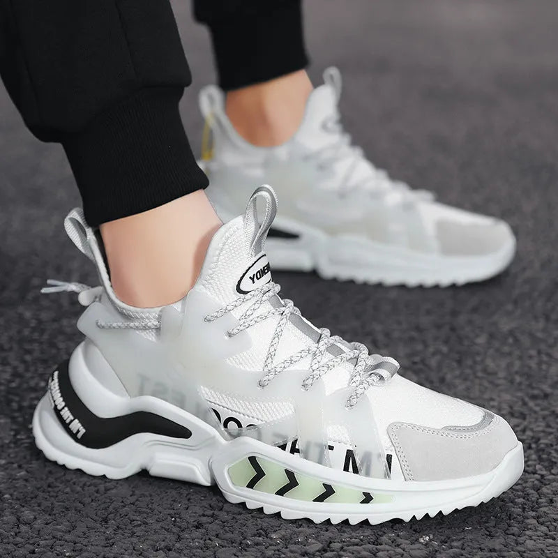 Men's high top PU mesh running walking tennis sneakers thick sole available in white light gray black